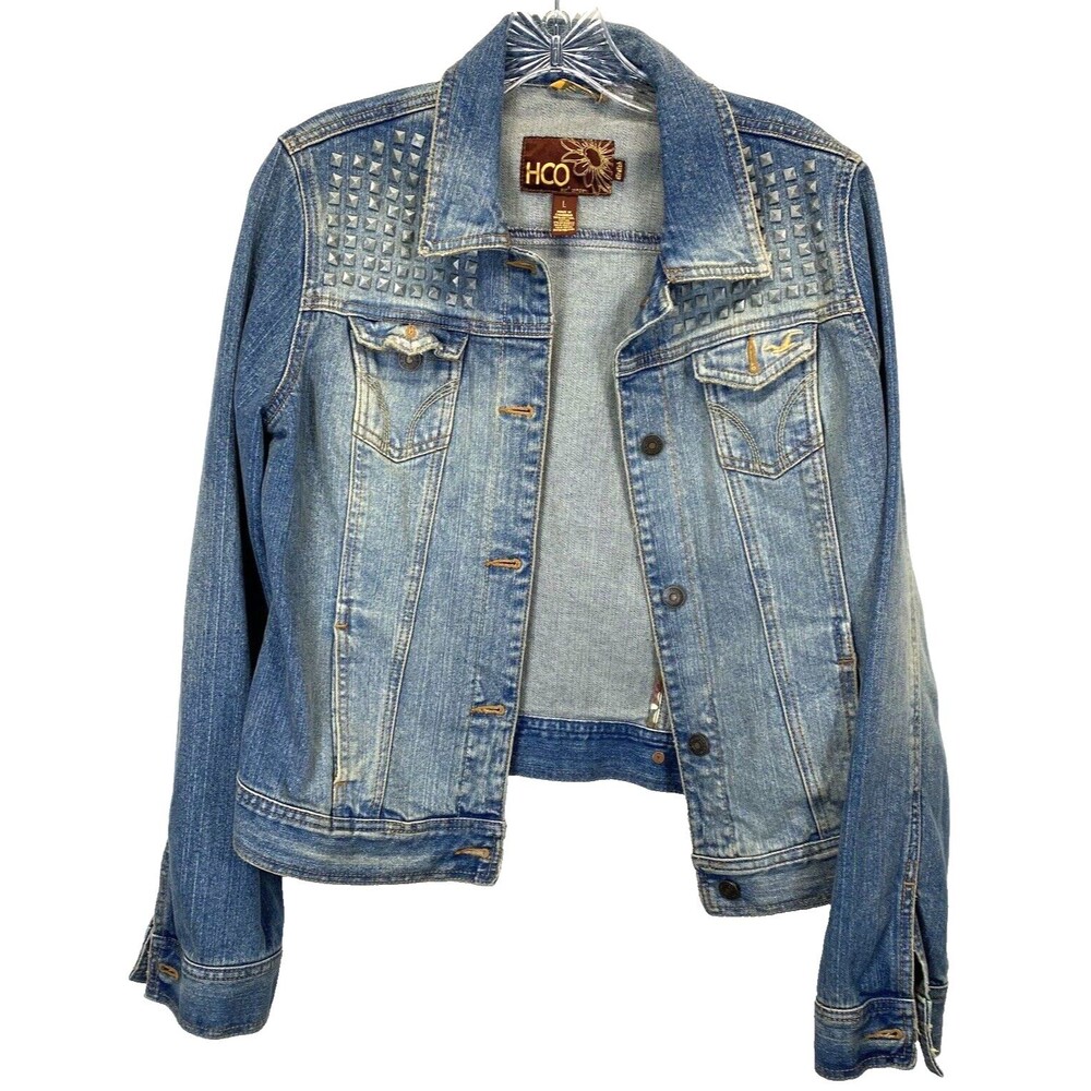 HCO Surf Company Women's Size Large Blue Denim Truckers Jacket Stretch Studded